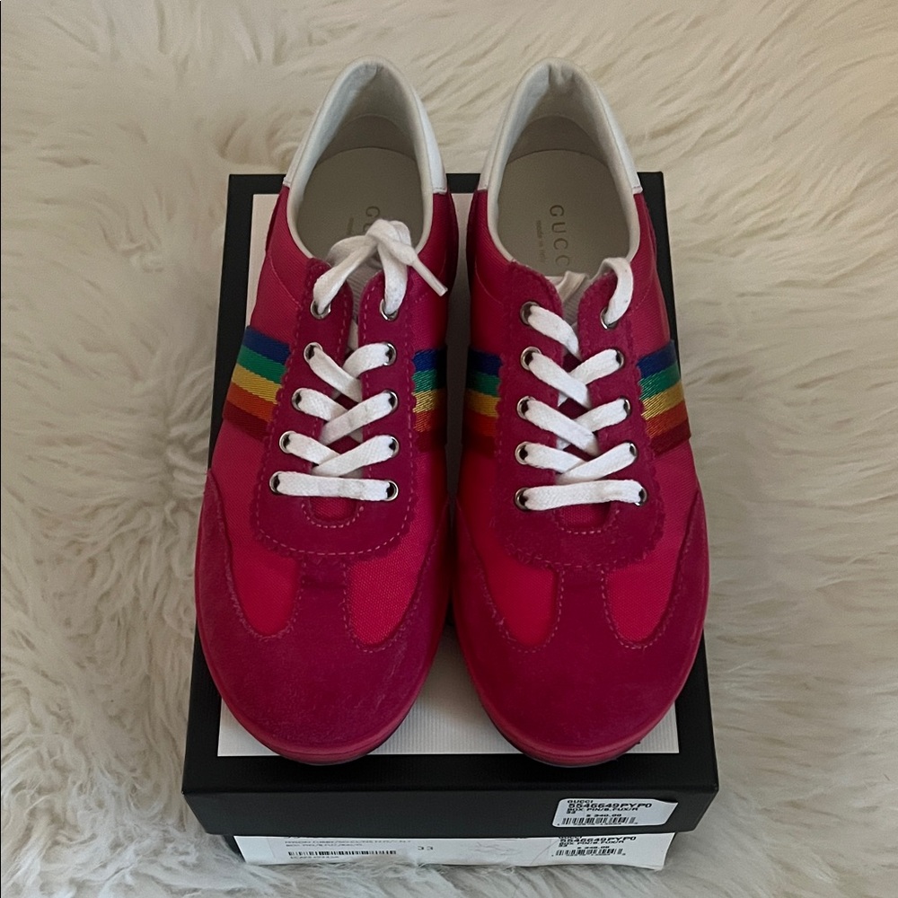 Gucci Fuchsia Sneakers with Multicolor Stripes